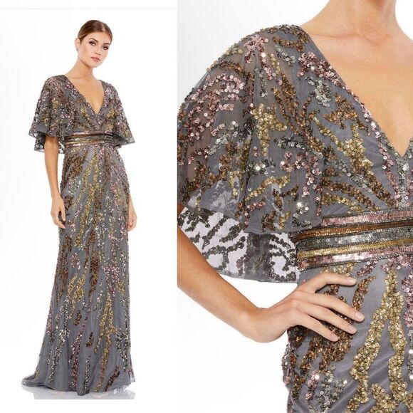 NWT Mac Duggal Charcoal Embellished Flutter Sequin Gown Dress Sz 8 $695 #5439 - Picture 1 of 12